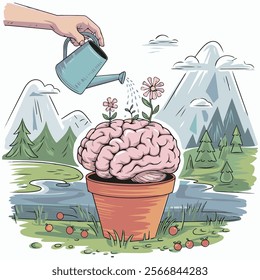 Mental health care, psychology therapy. Wellness mind, wellbeing, psychologist help, self care, growth. Human hand watering flowers in brain. Blooming ...