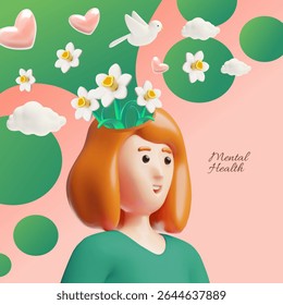 Mental health care, psychology therapy. Female head with growing blooming flowers from a brain. Garden as a brain, heart and dove. Abstract wellbeing 3D cartoon plastic style vector poster design