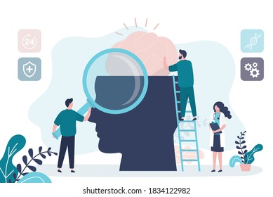 Mental health care treatment concept. Specialist doctor work to give psychology therapy. Tiny people, teamwork. Funny characters in trendy style. Medical staff on ladder. Flat vector illustration