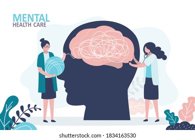 Mental Health Care Treatment Concept. Specialist Doctor Work To Give Psychology Therapy. Doctor And Nurse Help Solve Mental Problems. Funny Female Characters In Trendy Style. Flat Vector Illustration