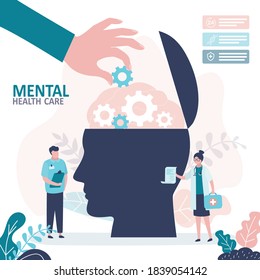 Mental Health Care Treatment Concept. Specialist Doctor Work To Give Psychology Therapy. Teamwork, Medical Services. Female And Male Doctors In Uniform. Hand Adds Gear To Head. Vector Illustration