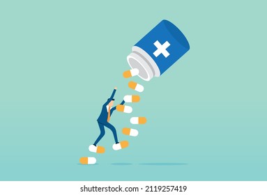 Mental health care treatment, holding a big medicine, drug developer, vaccine, scientist, doctor, biochemist, Vector illustration design concept in flat style