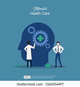 Mental Health Care Treatment Vector Illustration Concept. Specialist Doctor Work Together To Give Psychology Love Therapy. Tiny People Character Design Style. Banner, Poster, Or Media Social Printing