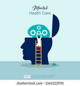 Mental health care treatment vector illustration concept. specialist doctor work  to give psychology therapy. Tiny people character with ladder design. Banner, poster, or media social printing