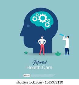 Mental Health Care Treatment Vector Illustration Concept. Specialist Doctor Work Together To Give Psychology Therapy. Tiny People Character Design. For Banner, Poster, Website, Cover Or Media Printing