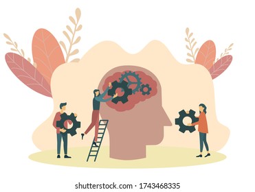 Mental Health Care Treatment Vector Illustration Concept. Specialist Doctor Work To Give Psychology Therapy. Tiny People Character With Ladder Design. Banner, Poster, Or Media Social Printing.