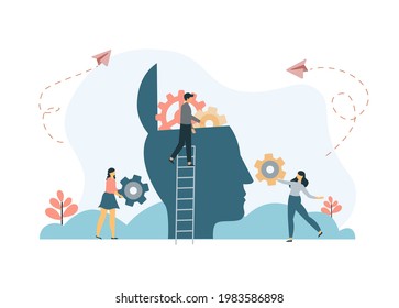 Mental Health Care Treatment Vector Illustration Concept. Specialist Doctor Work To Give Psychology Therapy. Tiny People Character With Ladder Design. Banner, Poster, Or Media Social Printing.