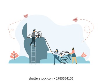 Mental health care treatment vector illustration concept. specialist doctor work to give psychology therapy. Tiny people character with ladder design. Banner, poster, or media social printing.