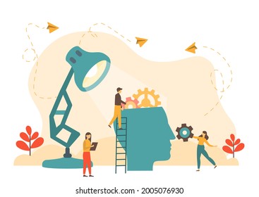 Mental Health Care Treatment Vector Illustration Concept. Specialist Doctor Work To Give Psychology Therapy. Tiny People Character With Ladder Design. Banner, Poster, Or Media Social Printing.