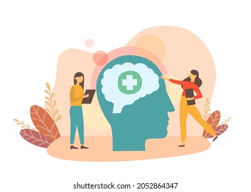 Mental health care treatment vector illustration concept. specialist doctor work to give psychology therapy. Tiny people character with screwdriver. Banner, poster, or social media printing.