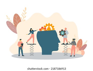 Mental health care treatment vector illustration concept. specialist doctor work to give psychology therapy. Tiny people character with ladder design. Banner, poster, or media social printing.