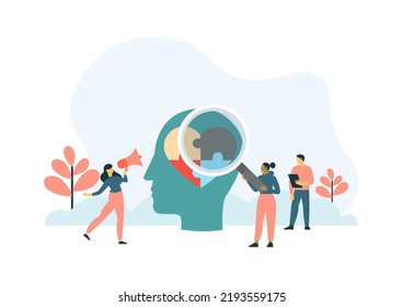 Concepto de ilustración vectorial de tratamiento de la salud mental. médicos especialistas trabajan para dar terapia psicológica. Pequeño personaje de la gente. Cartel, afiche o impresión social en medios de comunicación.