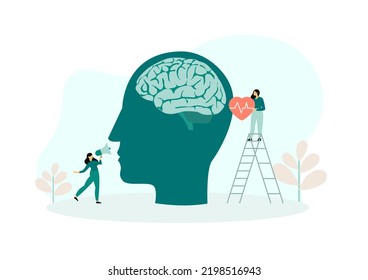 Mental health care treatment vector illustration concept. specialist doctor work to give psychology therapy. Tiny people character with screwdriver. Banner, poster, or social media printing.