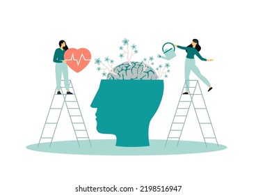 Mental health care treatment vector illustration concept. specialist doctor work to give psychology therapy. Tiny people character with screwdriver. Banner, poster, or social media printing.