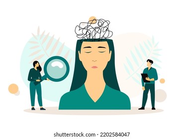 Mental health care treatment vector illustration concept. specialist doctor work to give psychology therapy. Tiny people character. Banner, poster, or social media printing.