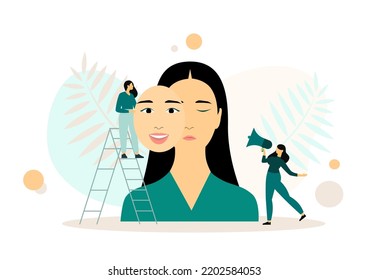 Mental health care treatment vector illustration concept. specialist doctor work to give psychology therapy. Tiny people character. Banner, poster, or social media printing.