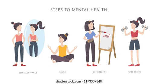 Mental health care vector illustration. Steps to mental health. Set of infographic elements