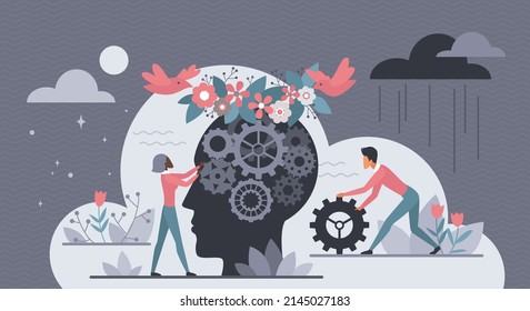 Mental health care vector illustration. Cartoon people and thinking process of human head with fly of birds and working gear in brain, floral background. Psychology, psychoanalysis, counseling concept