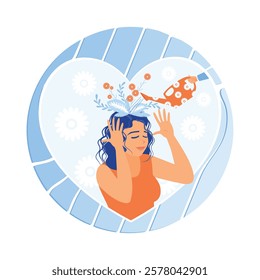 Mental health care. A woman watering plants on the head. Mental Health concept. Flat vector illustration.