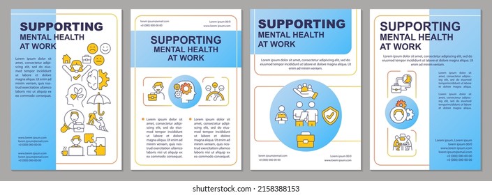 Mental Health Care At Workplace Blue Brochure Template. Keep Balance. Leaflet Design With Linear Icons. 4 Vector Layouts For Presentation, Annual Reports. Arial, Myriad Pro-Regular Fonts Used