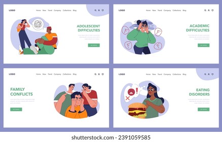Mental health challenges set. Teenagers facing family disputes, feeling isolated and lonely, combating unhealthy eating habits. Emotional struggles depicted. Flat vector illustration