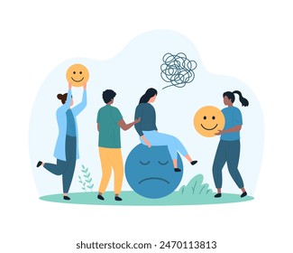 Mental health, changes in mood and emotions, emotional intelligence. Tiny people comforting woman with stress sitting on sad emoji, characters offer happy emoticons cartoon vector illustration