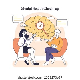 Conceito de check-up de saúde mental. Ilustração de um terapeuta discutindo a saúde cerebral com um paciente. Consciência e apoio no bem-estar mental. Ilustração vetorial.