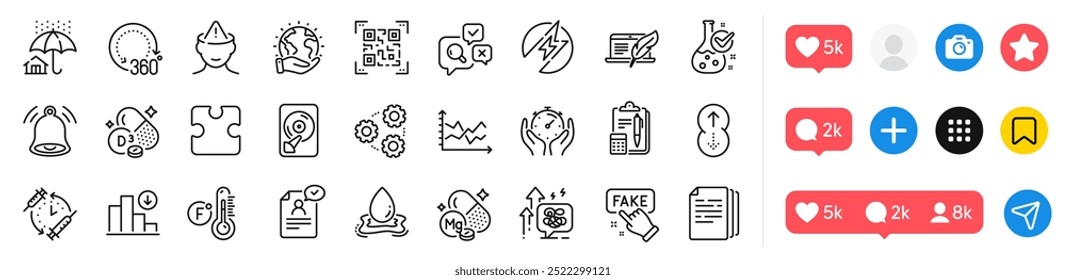 Mental health, Chemistry lab and Copyright laptop line icons pack. Social media icons. Magnesium mineral, Water splash, Timer web icon. Qr code, Vaccination schedule, Gears pictogram. Vector