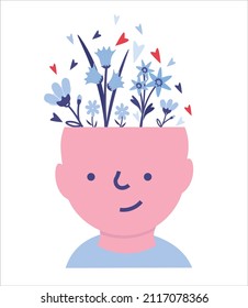 Mental health of the child, baby, , the concept of a happy family, balance, harmony. Children's head with flowers inside. Mindfulness, positive thinking, self care idea. Set of flat cartoon vector ill