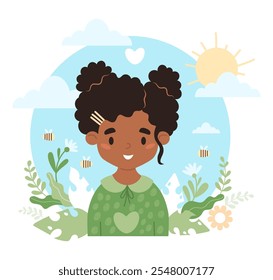 Mental health of child. Cute happy african american girl with curly hair in dress, nature, weather and ecology. Concept beneficial effects of environment. Vector illustration in flat style