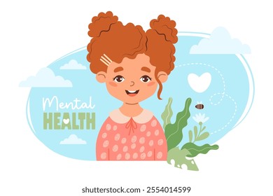 Mental health of child. Cute happy girl with curly hair in dress, nature and ecology poster. Concept beneficial effects of environment. Vector illustration
