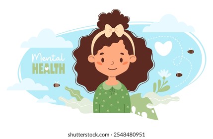 Mental health child and ecology card. Happy curly girl character with nature. Concept beneficial effects of environment, healthy positive lifestyle. Vector illustration in flat style