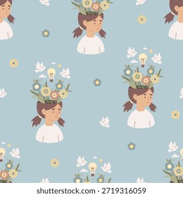 Saúde Mental Padrão Infantil Perfeito. Girl Head Flores florescentes lâmpada e pomba branca pássaros no fundo delicadamente azul. Bem-estar infantil, harmonia e bem-estar. Ilustração de vetor. Não é IA