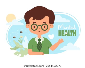 Cartel de salud mental infantil. Chico lindo feliz en gafas con nubes y naturaleza. Impacto positivo del medio ambiente. Concepto de salud y ecología infantil. Ilustración vectorial en estilo plano