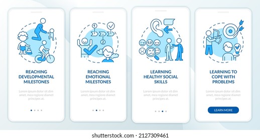 Mental health in childhood blue onboarding mobile app screen. Walkthrough 4 steps graphic instructions pages with linear concepts. UI, UX, GUI template. Myriad Pro-Bold, Regular fonts used