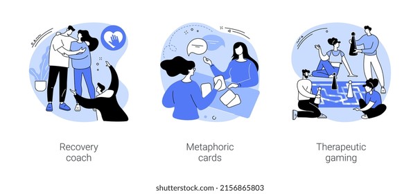 Mental health coach isolated cartoon vector illustrations set. Group of addicted diverse people at recovery session, mental health coach, metaphoric card therapy, therapeutic gaming vector cartoon.