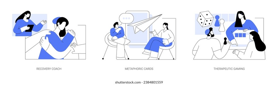 Mental health coach isolated cartoon vector illustrations set. Group of addicted diverse people at recovery session, mental health coach, metaphoric card therapy, therapeutic gaming vector cartoon.