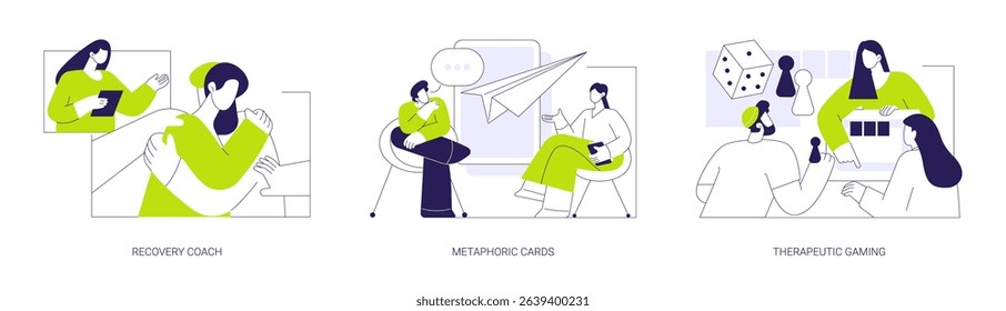 Mental health coach isolated cartoon vector illustrations set. Group of addicted diverse people at recovery session, mental health coach, metaphoric card therapy, therapeutic gaming vector cartoon.
