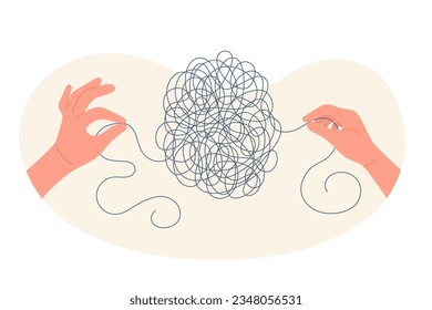 Mental health, coaching, psychology therapy to care mind vector illustration. Cartoon isolated hands of coach unravel tangled knot of string, bring order to chaos and clutter on psychotherapy session