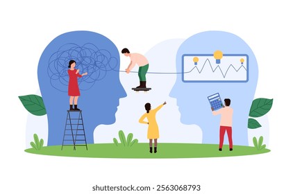 Mental health, coaching, self education for development of cognitive skills. Tiny people unravel mess of thoughts in brain with transformation into order and light bulbs cartoon vector illustration