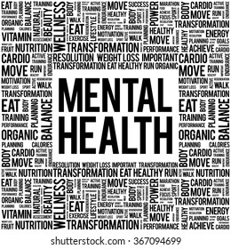Mental Health - cognitive, behavioral, and emotional well-being, word cloud concept background
