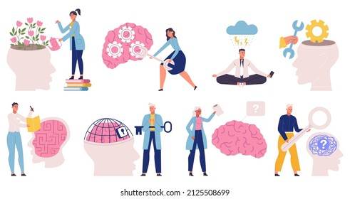 Mental health, cognitive brain support, stress therapy. Emotional disorder and medical therapy vector illustration set. Doctor help with anxiety issues, solving maze, overcoming depression