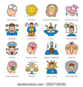 Iconos de color de salud mental, problemas de trastorno psicológico. Trastorno cognitivo o salud mental, histeria de la psicología humana, estrés y empatía, alucinaciones, problemas de depresión esbozan iconos vectoriales