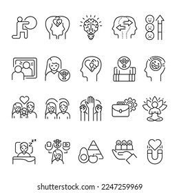 Mental health color line icons set. Human behavior. Self education