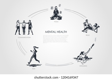 Mental health - communication, yoga, read, swimming, run vector concept set. Hand drawn sketch isolated illustration