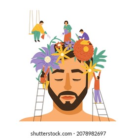 Mental health concept with abstract flowers on mans head, flat vector illustration isolated on white background. Psychology or psychotherapy help for happy living and positive mindset.