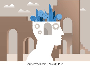 Mental health concept. Abstract head silhouette with plants. Metaphor for creative thinking, brainstorming and insight. Self awareness and selfcare, psychology. Cartoon flat vector illustration