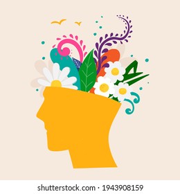 Mental Health Concept. Abstract Image Of A Head With Flowers Inside. Plants, Flower And Leaves As A Symbol Of Inspiration, Calmness, Favorable Mental Behavior. Vector Hand Drawing Illustration.