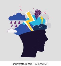 Mental health concept. Abstract image of a head with bad weather inside. Thunder, clouds and lightning as a symbol of depression, anger, poor morale. Vector hand drawing illustration.