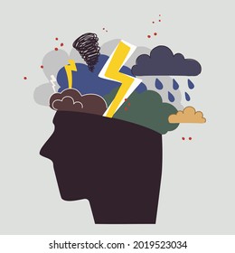 Mental health concept. Abstract image of head with bad weather inside. Thunder, clouds and lightning as a symbol of depression, anger, poor morale. Vector hand drawing illustration.